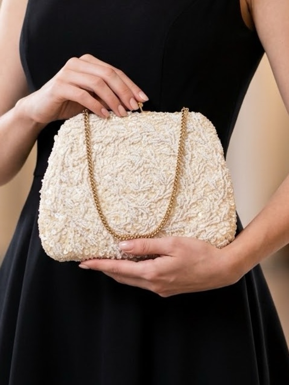 Vintage Beaded Sequin Clutch Evening Bag Made In Hong Kong White